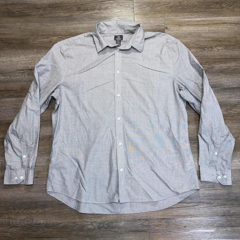H&M Light Gray Button-Up Shirt Mens 2XL Long-Sleeve Fine Pattern
